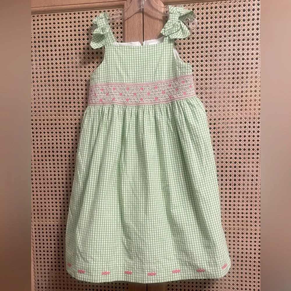 Gymboree  Girls Size 7 Green Gingham Smocked Dress Easter